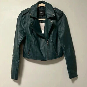 NWT 7 For All  Mankind green faux leather moto biker jacket